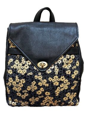 Handmade Yellow Floral Fabric & Black Faux Leather Backpack